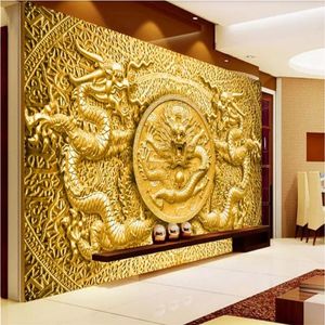 Duvar Kağıtları Özel 3d Duvar Kabartmalı Altın Oyma Çin Ejderha Po El Restoran Oturma Odası Duvar Kağıtları Için Ev Dekorasyonu