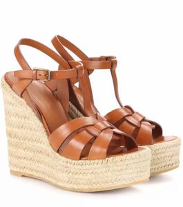 22S Luxury Designer Pop Heeled Women Wedges Sandal Tribute Leather Wedge Espadrille Sandaler Black Nude Brown ￤kta l￤der med l￥da