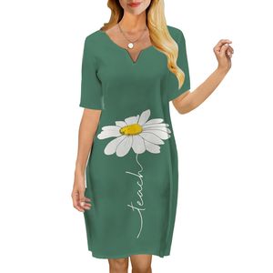 Women Dress Beautiful Daisy 3D Printed VNeck Loose Casual Short Sleeve Shift Dress for Female Dresses Green Dress 220616