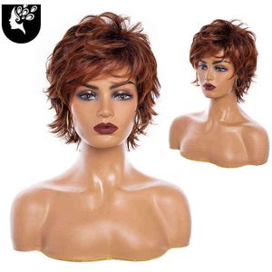 Ombre Brown Synthetic Wigs with Bangs for White Women Short Red Grey Wave Cosplay Hair Wig Dark Root Daily Use Yourbeauty 220525