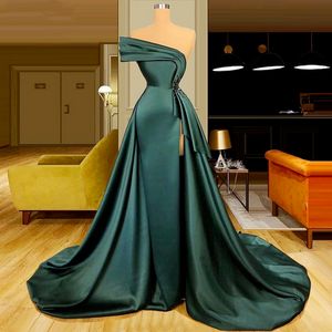 Dark Green Satin Long Prom Evening Dresses 2022 Elegant graduation Robes Ruched Beads Split Gowns robes de soirée B0503