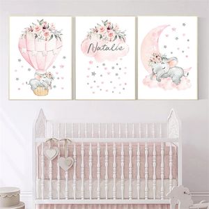 Personalizzato Baby Girl Nome Poster Personalizzato Nursery Pink Elephant Wall Art Personalizzazione Tela Pittura Decorazione Camera da letto per bambini 220614