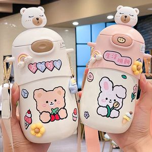 500ml Kawaii Bear Sticker Thermos Water Bottle for Children Girl Stainless Steel Insulated Hot Drink Cup With Straw Strap Gift