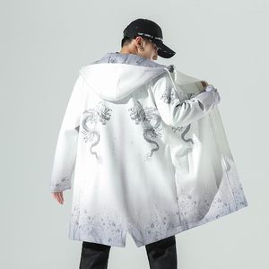 Мужские траншевые пальто китайский стиль личность Французская осень с капюшоном с ветропроницаемым пальто с длинным рукавом повседневное рисунок