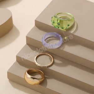 Koreanisches buntes Harz-Acryl-Ring-Set für Damen, modisch, CZ-Strassstein, rund, klobiger Ring, Bänder, Metall, goldfarben, geometrische Ringe