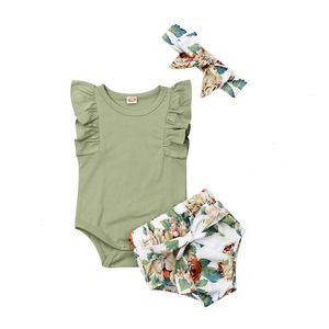 Bebek kız kız giysileri fırfır setleri kol romper çiçek şort kıyafetleri