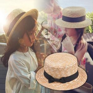 Śliczne dzieciaki słomki Bowknot Sun Kids Large Brim Beach Summer Boater Ribbon okrągła płaska top Fedora 54cm 220513