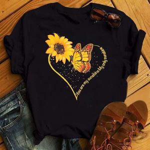 Maycaur Kawaii Kvinnor Sunflower Kvinnor T-shirt Butterfly Tryck Svart T-shirts Casual Short Sleeve Tops Cartoon Graphic Clothes Kvinnliga tees