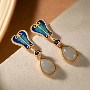Dangle Chandelier Natural Hetian Jade Water Drop Shaped Musa Fan Earrings Chinese Style Retro Unique Ancient Gold Craft Charm Female Brand