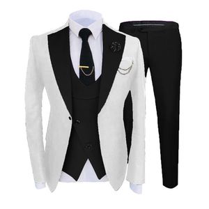 New Popular White 3 Piece Suit Men Wedding Tuxedos Black Notch Lapel Slim Fit Groom Tuxedos Men Dinner Prom Blazer Jacket Pants Tie Vest 780