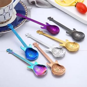 Creative 304 stainless steel small coffee spoons Guitar Violin shape dessert spoon Stirring spoon lovely titanium plated ice scoop 0808