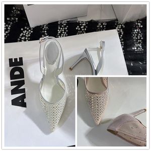 High heels RC sandal designer slides NIA high heel pearly-lustre shoes slingback pumps sandals with crystals Satin Slippers Mesh Mules women flattie