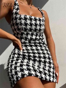 FSDA Houndstooth Tweed Elbise Mini Bodycon Seksi Siyah Yaz Sonbahar Sırtsız Kolsuz Kadın Elbiseler Parti Zarif J220519