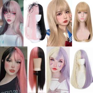 Long Straight Hair Synthetic Wig Girl Pink White Gradient Bangs Cosplay Lolita Party Heat-resistant Wigs 220622