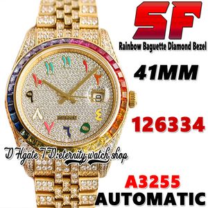 SF Ultimo ht126334 A3255 Orologio da uomo automatico jj228348 ew228398 Quadrante arabo con diamanti arcobaleno Quadrante arabo 904L Bracciale in oro con diamanti ghiacciati Orologi per l'eternità