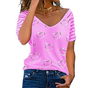 T-shirt Women 2022 New Large Size Women's Polo Heart Print V-neck Short-sleeved