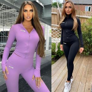 Women's 2-piece Yoga Suit Gym Training Running Sportswear Long Sleeve Tight Leggings Workout Clothes Set Purple Pants 220330