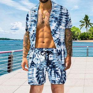 남자 트랙 슈트 남자 여름 캐주얼 패션 하와이 열대 해변 정장 라펠 버튼 업 인쇄 짧은 슬리브 셔츠 탑 반바지 2 조각
