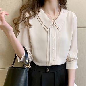 Peter Pan Collar Pullover Shirt Kobiety letnie topy pół rękawu swobodne ubrania przycisk szyfonowy bluzka chemisier femme 210326