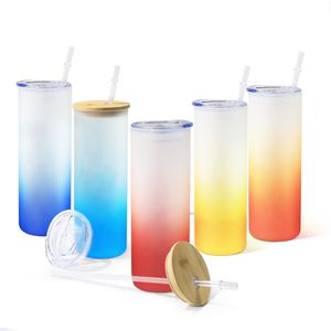 16oz 20oz 25oz Straight Sublimation Bicchiere da acqua in vetro con coperchio in bambù cannuccia vuota Colori sfumati smerigliati Bicchieri tazza Stampa Bicchiere da birra in vetro