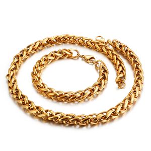 18k Gold Plated Stainless Steel Jewelry Set Necklace Bracelet Fashion 8mm/10mm Wheat Chain Link Braid Necklaces Mens Women Gifts Punk Hip-Hop Bling