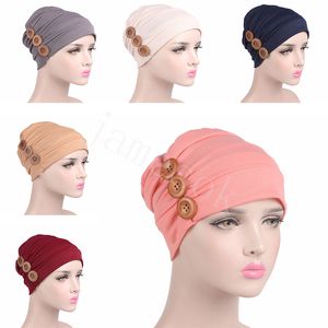 Weiche Chemo-Mütze für Damen, Schlaf-Turban-Mütze, Liner gegen Haarausfall, drei Holzknöpfe, DE690