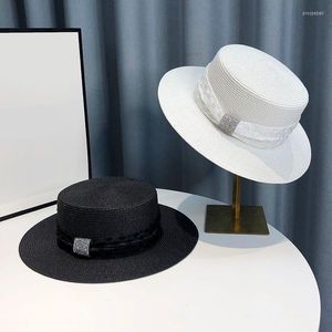 Wide Brim Hats Summer Elegant Retro Sequin Bow Women Flat Top Straw Hat Trip Caps Leisure Beach Sun Breathable Anti-UV Travel HatWide Pros22