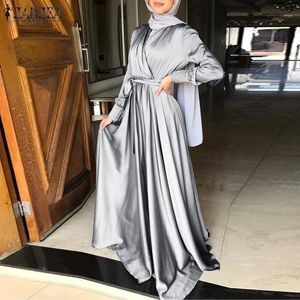 Etniska Kläder Kvinnor Full Sleeve Muslim Mode DressCasual Loose Elegant Clubbing Long Sundress Belted Party Faldas Largas Kaftan R