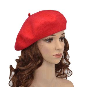 Joyhy Women Wool Artist French Beret Hats Auturn Winter Mareen Solid Color Black Red Blacky Green Beanie CapsフラットハットJ220722