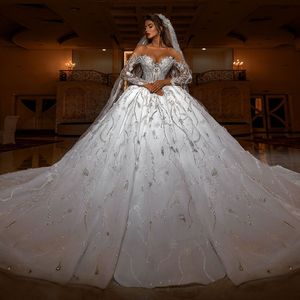 Dubai Ball Gown Wedding Dresses Bridal Gowns Off The Shoulder Long Sleeve Beading Robes De Mariee