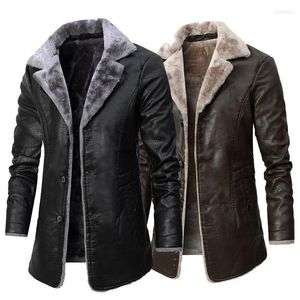 Men's Trench Coats 2022 Factory Autumn Winter Mens Mid-long Leather Business Lapel Fleece Warm Fitted Single-breasted Jacket Oversized Viol2