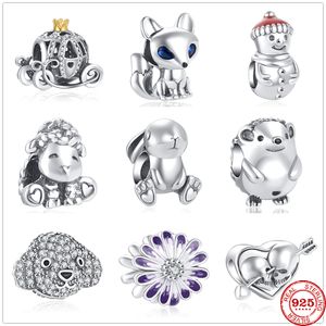 925 Silver Fit Pandora Charm 925 Bransoletka Śliczna królik owca pies pies hedgehog Snowman Fox Diy Charms Zestaw wisiorek