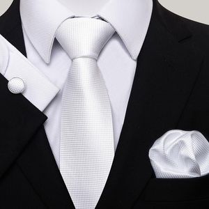 Quality Silk 8 Cm Birthday Tie Hanky Cufflink Set Necktie Solid White Formal Clothing Independence Day