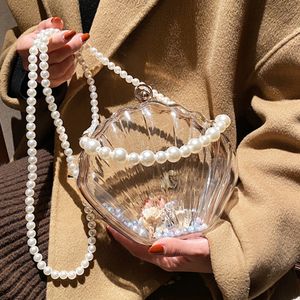 Fashion Acrylic Shell Evening Bags for Women Clear Pearl Chain Ladies Shoulder Crossbody Bag 2022 New Party Purse and Handbags