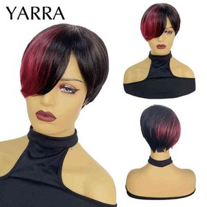 Pixie Cut Perukę Kolorowe proste ludzkie włosy Bob dla czarnych kobiet Remy Full Machine Made Cheveux Humains Yarra 220609