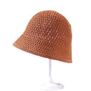 Ins Hollow Solid Color Soft Summiter Fisherman Hat Ladies Laday Bucket Sunscreen Breseable Mesh Woven Pot Hat J220609