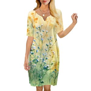 女性ドレスフラワーズパターン3DプリントVneck女性ドレスのためのゆるいカジュアル半袖シフトドレス黄色い服2206​​16
