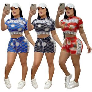 Summer Women 2-stycken Set varumärkesspårsuiter Shorts Outfits Sexig Crop T Shirt Short Pants Jogger Sport Suit Fashion Letter Print O-Neck K236