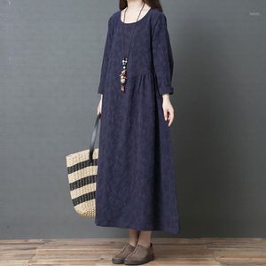 Casual Dresses Vintage Dress Jacquard Robes For Women 2022 Spring O-Neck Long Sleeve Chinese Style Soft Cloths Cotton FT610