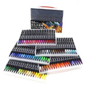 100 Färgprofessionell filt Tips Pen Art Marker för ritning Målning Set Water Coloring Brush Pen Set Dual Tips för skolan 210226
