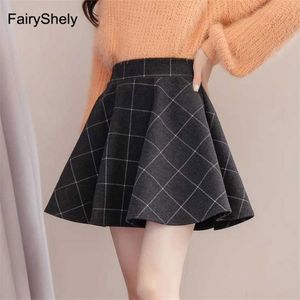 Fairyshely Summer High midja Plaid kjol Kvinnor Vintage Short Tweed Pleated kjol Damer Korean Ruffle Wool Mini kjol Retro 210311
