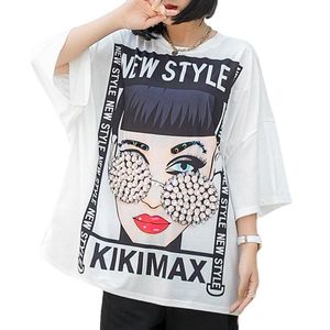 T-shirt feminina fofica tees gráficos mulheres plus size miçangas de óculos de sol grandes tops ladies harajuku tiras de mulher tshirts para meninas doces xc790w