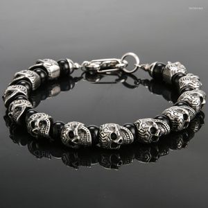 Bärade trådar vintage rostfritt stål skalle pärlor armband män 8mm natursten mens armband 2022 hiphop rock vänner juvelrybead lars