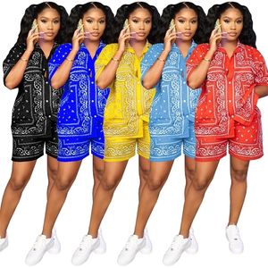 Adogirl Fashion Paisley Bandana Print 2 Two Piece Set Tracksuit Short Sleeve Shirt Shorts Sets Female Outfits Matching 220708