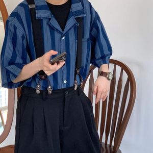メンズカジュアルシャツブルーストライプシャツメンヴィンテージ日本のファッション2022夏の半袖女性ボタンアップハラジュクシャツ人