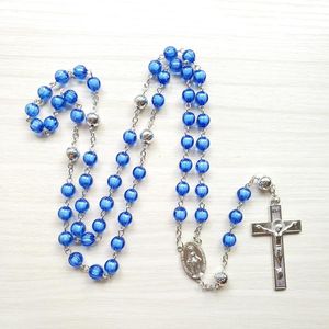 Naszyjniki wisiorek niebieski akryl różaniec naszyjnik katolicki długi krzyż dla mężczyzn kobiet religijne biżuteria