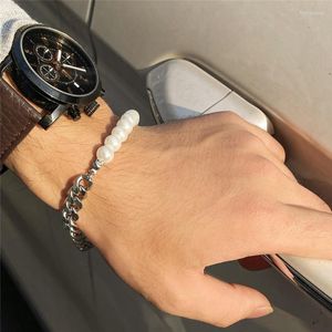 Link Chain Classic Stainless Steel Men's Bracelet Curb Cuban Braclet White Imitation Pearls Beads Braslet 2022 Male Jewelry Gift Trum22