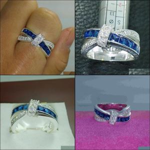 Med sidoringsringar smycken ny märke fin Sterling Sier Blue Sapphire Gem Women Wedding Belt Bell Band Ring Gift Size6