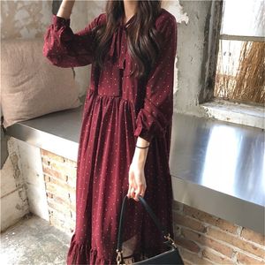 Women Chiffon Dress 2020 Spring Summer New Fashion Female Long Sleeve Vintage Printed Dot Lace Up Loose Casual A line Dresses LJ200818