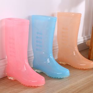 Pofulove High Tube Rain Boots女性PVC防水ワークウォーターシューズの女の子キャンディーカラーファッションスリップニーハイジェリーボタ